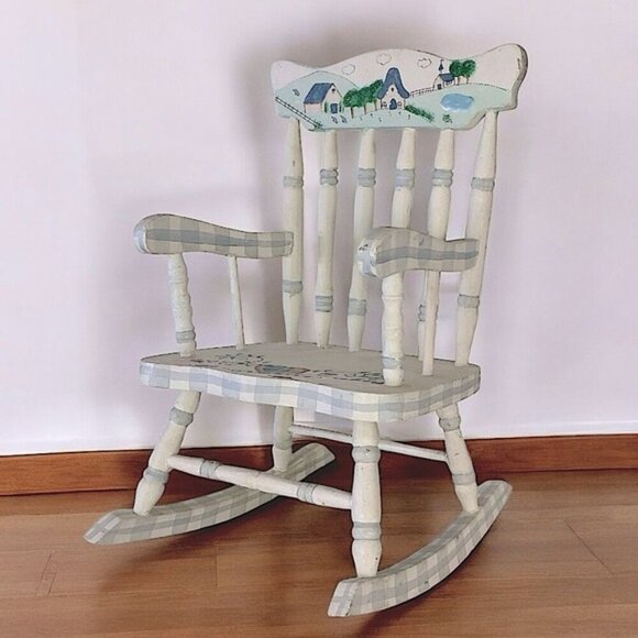 Doll Rocking Chair Hand Painted Accessory Vintage White Pale Blue Gingham Plaid - Picture 1 of 16